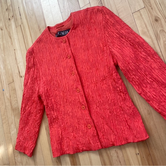 Vtg Escada Coral Red Crinkled Buttoned Jacket - Sz 38 - Picture 3 of 16